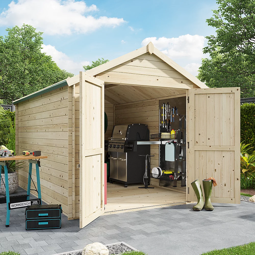 BillyOh Pro Apex Log Cabin W2.4m x D3.3m 28mm Tongue and Groove Walls and Wide Door Log Cabin Shed