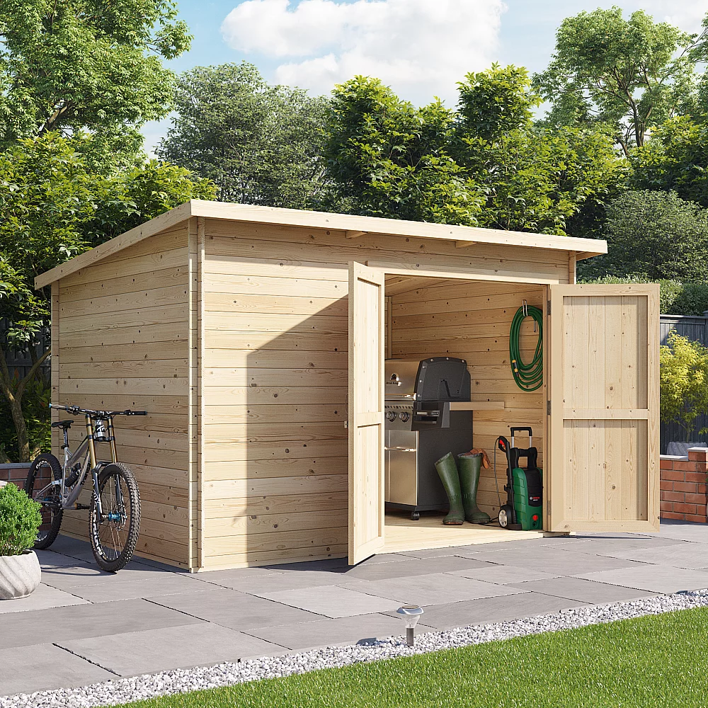 10x8 Log Cabin BillyOh Pent Log Cabin Windowless Heavy Duty Shed Range Double Door Garden Storage 28mm