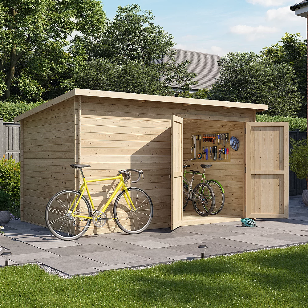12 x 8 Log Cabin BillyOh Pent Log Cabin Windowless Heavy Duty Bike Store Range 12x8 Log Cabin Shed Double Door 28mm