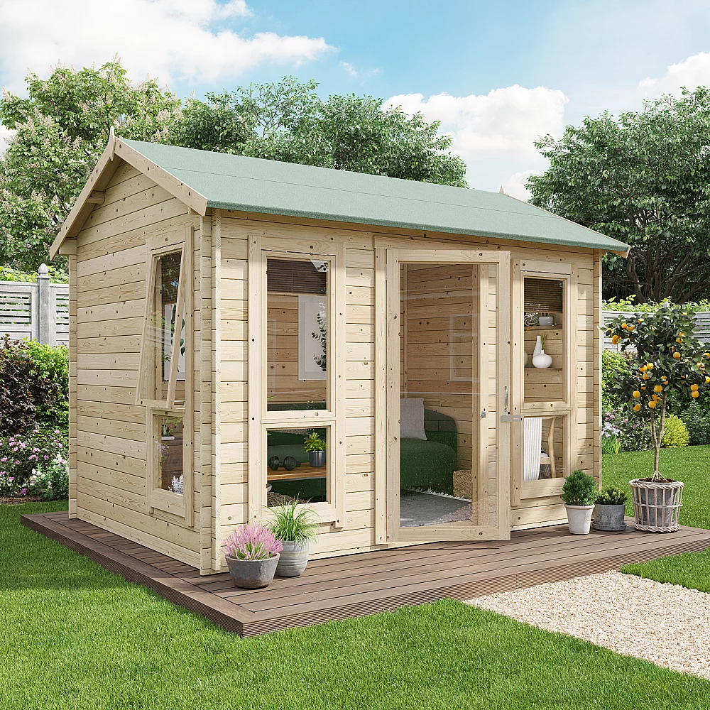 10 x 8 Log Cabin BillyOh Darcy Log Cabin Summerhouse 10x8 Modern Single Door 19mm Reverse Apex Cabin