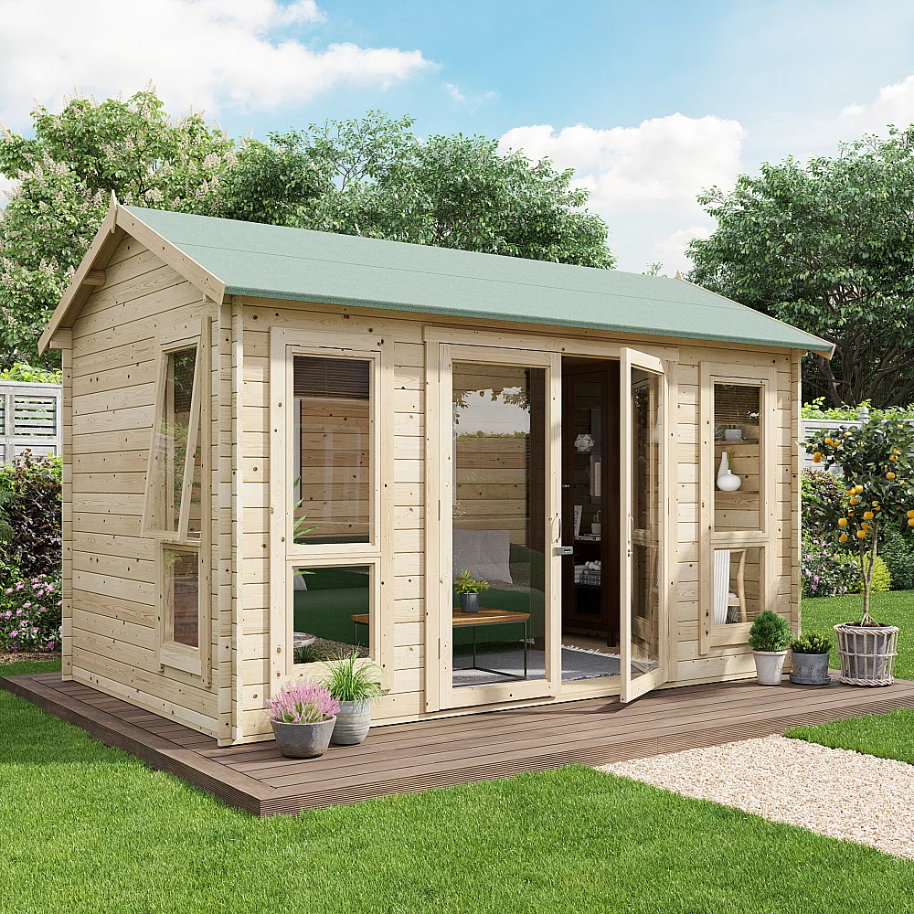 12 x 8 Log Cabin BillyOh Darcy Log Cabin Summerhouse 12x8 Modern Double Door 19mm Reverse Apex Cabin