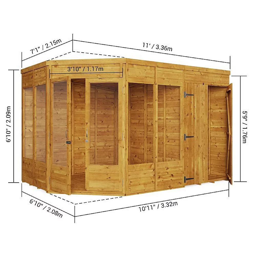BillyOh 11x7 Corner Pent TandG Summerhouse with Side Store Penton Garden Summer House