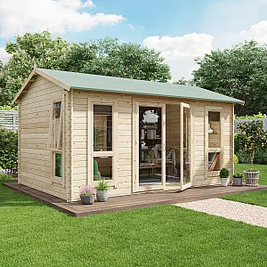 14 x 10 Log Cabin BillyOh Darcy Log Cabin Summerhouse 14 x10 Modern Double Door 28mm Reverse Apex Cabin