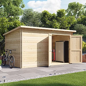 12x8 Log Cabin BillyOh Pent Log Cabin Windowless Heavy Duty Shed Range Double Door Garden Storage 19mm