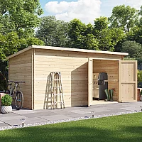 4.3m x 2.4m Log Cabin BillyOh Pent Log Cabin Windowless Heavy Duty Shed Range Double Door Garden Storage 28mm 14x8