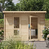 3.0m x 2.5m BillyOh Mia 19mm Log Cabin Pent Roof Opening Window 10x8ft Garden Office Garden Pod Small Log Cabin