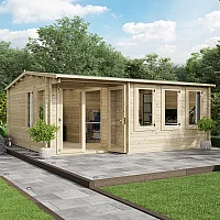 5.5x5m BillyOh Kent 44mm Log Cabin Large Garden Office TwoRoom Layout Reverse Apex Double Doors 5 Opening Windows 18x16ft