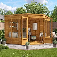 7x7 BillyOh Picton Tongue and Groove Corner Summerhouse Pressure Treated Pent Roof Fully Glazed Double Doors 4 Fixed Windows Small Summerhouse