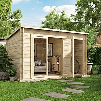 3.5x2.5m BillyOh Tianna 19mm Log Cabin Summerhouse with Side Store Pent Roof Double Doors 12x8ft Garden Room Summerhouse with Storage