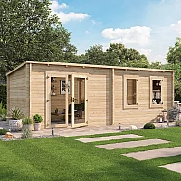 7x3m BillyOh Fraya Max 44mm Pent Log Cabin Glazed Double Doors 2 Opening Windows Large Garden Office Home Gym