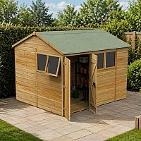 10 ft x 8 ft Forest Timberdale 25yr Guarantee Tongue and Groove Pressure Treated Double Door Reverse Apex Shed 3.05m x 2.61m
