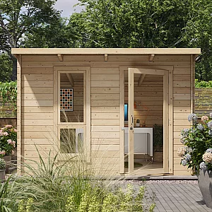 3.0m x 2.5m BillyOh Mia 19mm Log Cabin Pent Roof Opening Window 10x8ft Garden Office Garden Pod Small Log Cabin