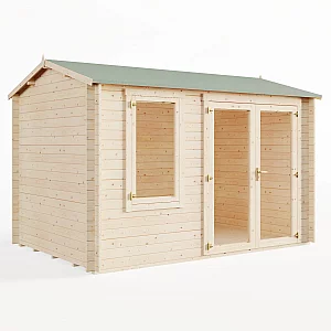 3.5m x 2.5m BillyOh Devon 44mm Log Cabin Pressure Treated Reverse Apex Offset Double Doors Opening Window 11x8ft Garden Office Garden Room