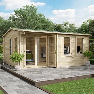 5x4m BillyOh Kent 44mm Log Cabin Large Garden Office TwoRoom Layout Reverse Apex Double Doors 4 Opening Windows 16x13ft
