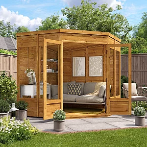 7x7 BillyOh Picton Tongue and Groove Corner Summerhouse Pent Roof Fully Glazed Double Doors 4 Fixed Windows Small Summerhouse