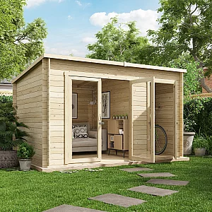 3.5x2.5m BillyOh Tianna 19mm Log Cabin Summerhouse with Side Store Pent Roof Double Doors 12x8ft Garden Room Summerhouse with Storage