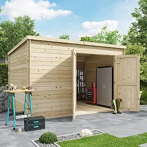 3.5x2.5m BillyOh Pro Pent 28mm Log Cabin Shed Pressure Treated Windowless Left or Right Double Doors Wooden Storage Shed Workshop