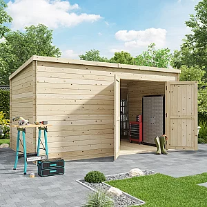 4.0x2.5m BillyOh Pro Pent 28mm Log Cabin Shed Pressure Treated Windowless Left or Right Double Doors Wooden Storage Shed Workshop