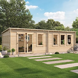 8x3m BillyOh Fraya Max 44mm Pent Log Cabin Glazed Double Doors 4 Opening Windows Large Garden Office Home Gym