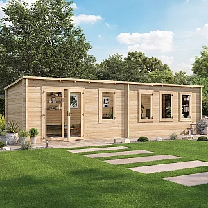 9x3m BillyOh Fraya Max 44mm Pent Log Cabin Glazed Double Doors 4 Opening Windows Large Garden Office Home Gym