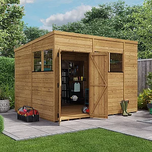 10x8 BillyOh 11mm Tongue and Groove Pent Shed with Windows Modular Door and Window Layout Double Doors Wooden Garden Storage Shed