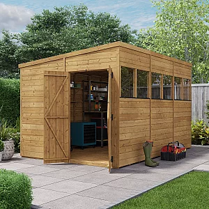 12x8 BillyOh 11mm Tongue and Groove Pent Shed with Windows Modular Door and Window Layout Double Doors Wooden Garden Storage Shed
