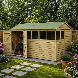 12 ft x 8 ft Forest 4Life 25yr Guarantee Overlap Pressure Treated Double Door Reverse Apex Wooden Shed 6 Windows 3.6m x 2.61m