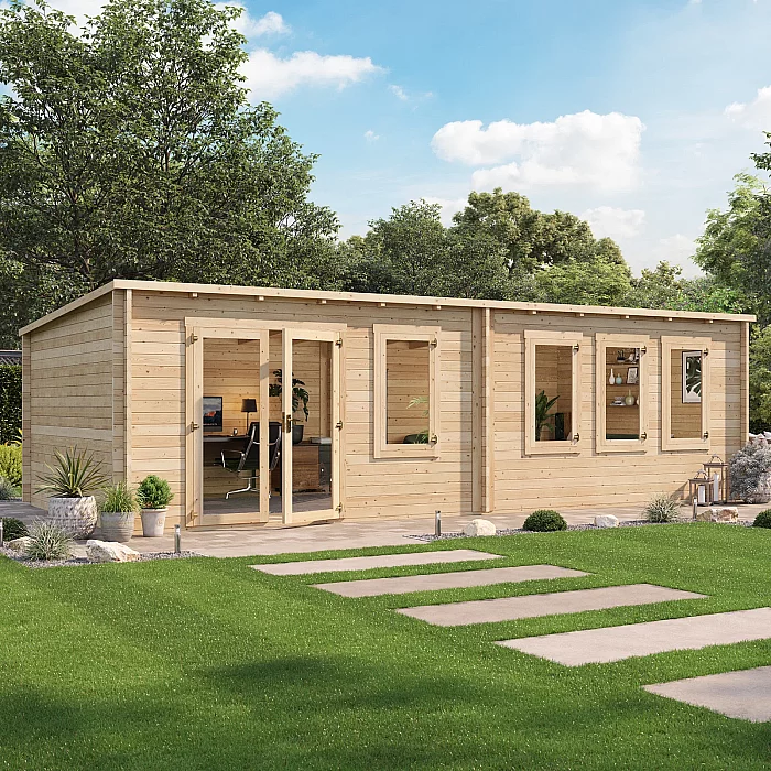 Now the BillyOh version 8.0m x 4.0m BillyOh Fraya Max 44mm Log Cabin Pressure Treated Pent Wooden Garden Office or Studio