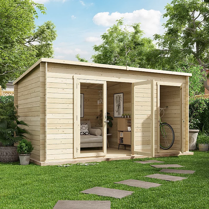 4.0x2.5m BillyOh Tianna 19mm Log Cabin Summerhouse with Side Store Pressure Treated Pent Roof 14x8ft Garden Room Summerhouse with Storage
