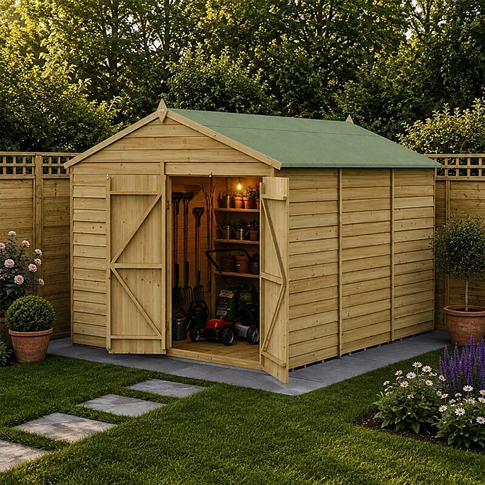 12 ft x 8 ft Forest 4Life 25yr Guarantee Overlap Pressure Treated Windowless Double Door Apex Wooden Shed 3.6m x 2.61m