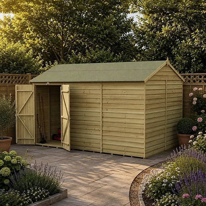12 ft x 8 ft Forest 4Life 25yr Guarantee Overlap Pressure Treated Windowless Double Door Reverse Apex Wooden Shed 3.6m x 2.61m